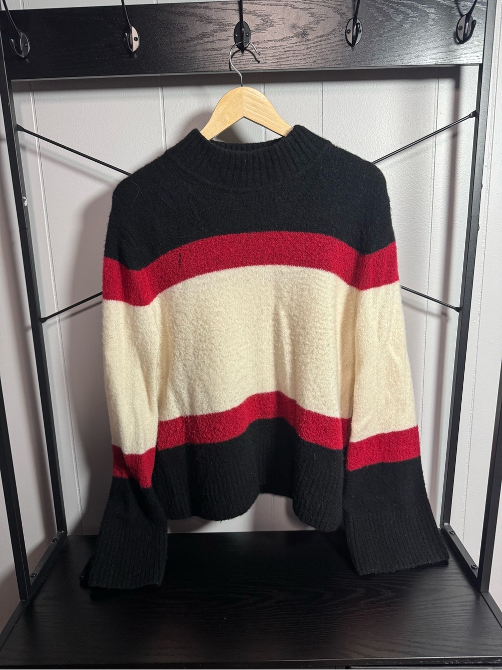 Banana Republic Black, Cream & Red Striped Cowlneck Sweater